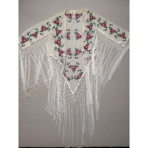 Pins and Needles Urban Outfitters Rose Embroidered Fringe Kimono Wrap Cream XS/S